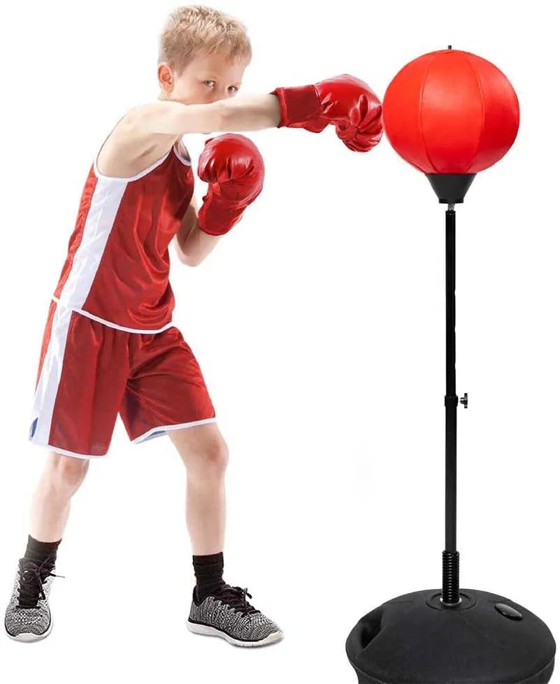 punching ball with gloves and pump with stand height 120cm width 39cm depth 13cm red height adjustable for boxing training sports | ideal for all surfaces, kids & adults | match-ready | includes pump & needle