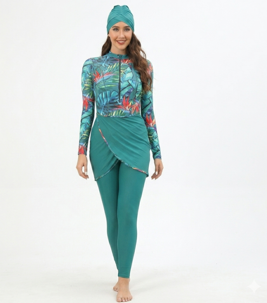 Muslim Women Modest Swimsuit Full Coverage Floral Print Three Piece Islamic Hijab Ladies Beachwear Swimming Swimwear | Ideal for All Surfaces, Kids & Adults | Match-Ready | Includes Pump & Needle