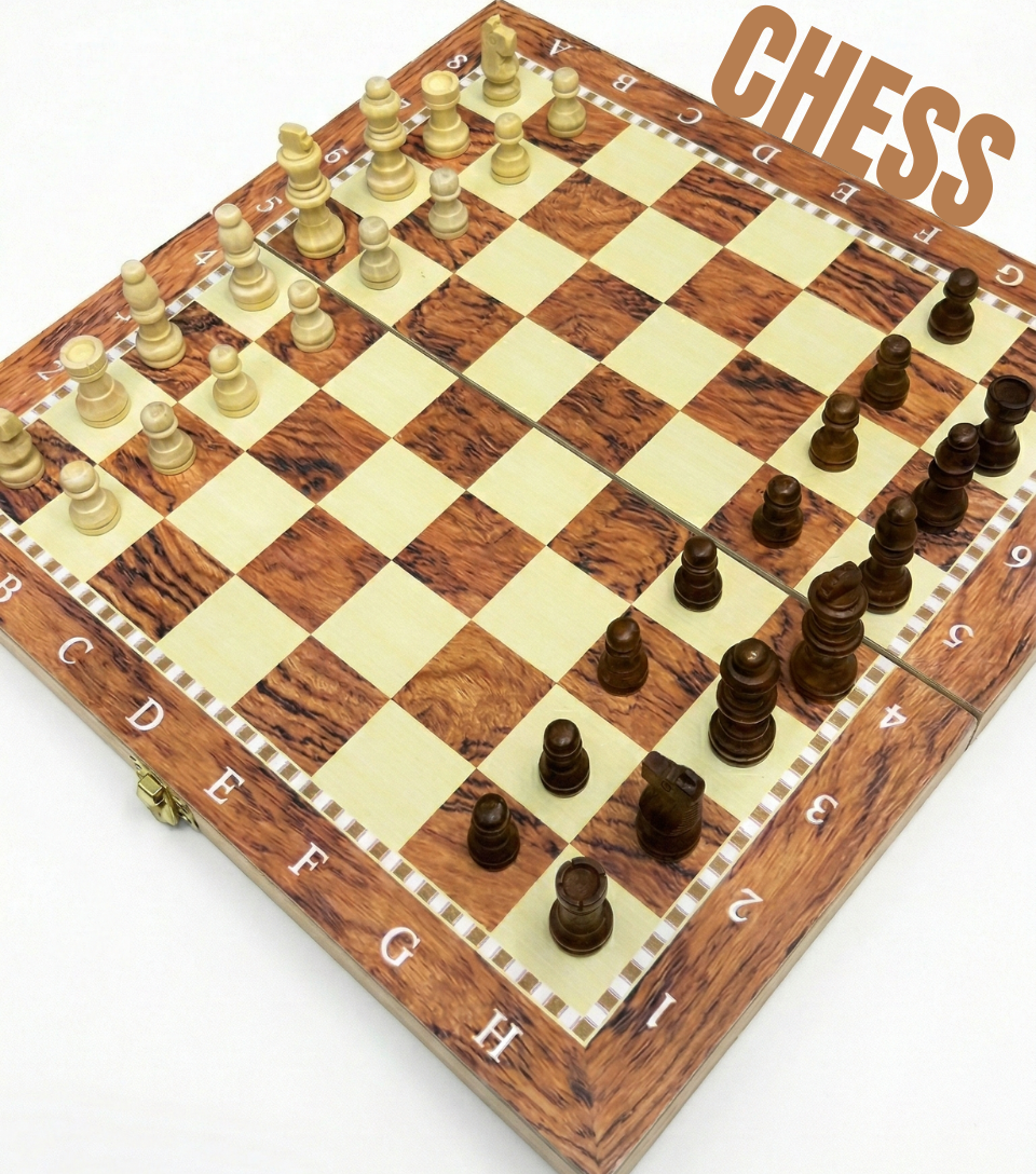 wooden chess board 3 in 1 chess checkers backgammon foldable strategy board game set for kids and adults(34cm)