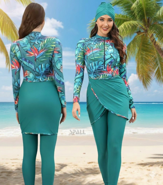 Muslim Women Modest Swimsuit Full Coverage Floral Print Three Piece Islamic Hijab Ladies Beachwear Swimming Swimwear | Ideal for All Surfaces, Kids & Adults | Match-Ready | Includes Pump & Needle