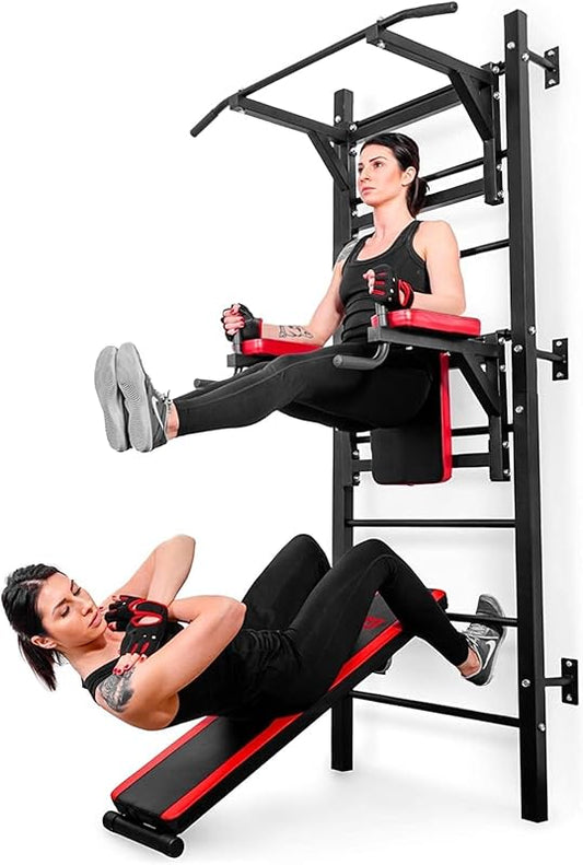 Wall Bars with Pull-Up Bar, Dip Station, Adjustable Incline Bench
