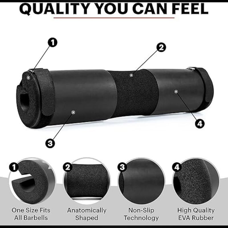 barbell pad (black) - non-slip eva foam squat pad with safety straps