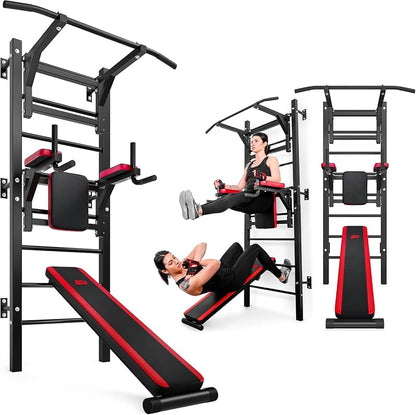 Wall Bars with Pull-Up Bar, Dip Station, Adjustable Incline Bench