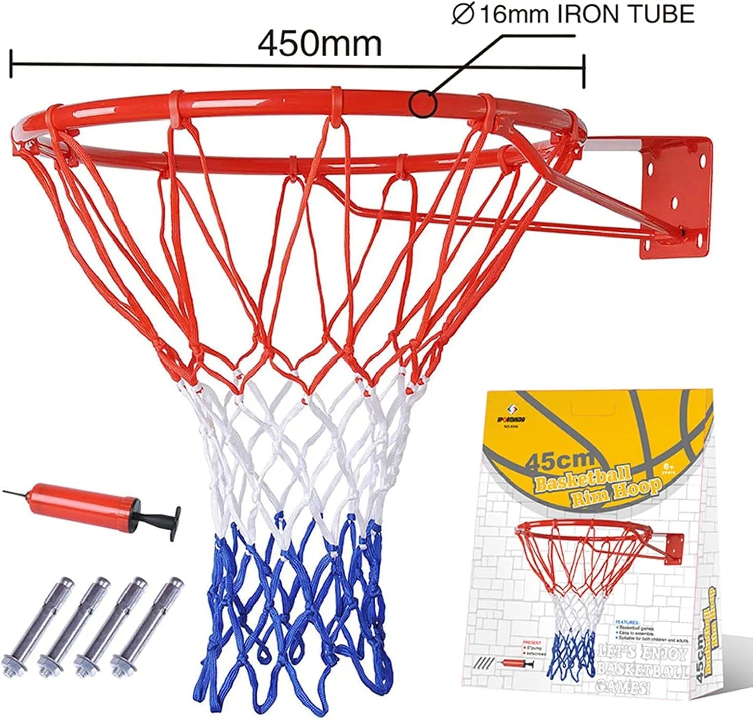 45cm/17.7inchBasketball Hoop, Basketball Rim Goal Wall Mounted Basketball Hoop Indoor Outdoor Hanging Basketball Hoop. 8386 | Ideal for All Surfaces, Kids & Adults | Match-Ready | Includes Pump & Needle