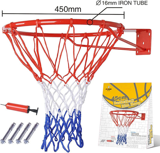 45cm/17.7inchBasketball Hoop, Basketball Rim Goal Wall Mounted Basketball Hoop Indoor Outdoor Hanging Basketball Hoop. 8386 | Ideal for All Surfaces, Kids & Adults | Match-Ready | Includes Pump & Needle