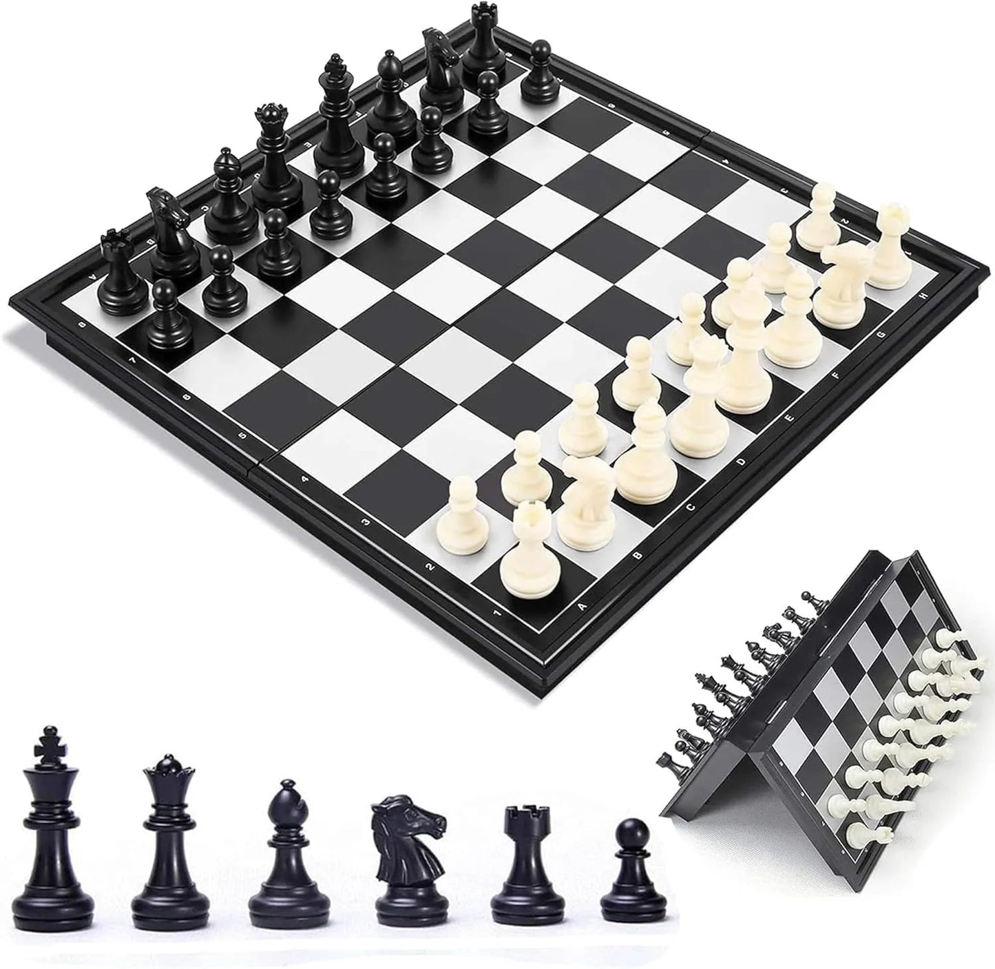 magnetic chess board set, folding travel chess game with portable storage, durable abs material | ideal for all surfaces, kids & adults | match-ready | includes pump & needle | durable & long-lasting performance