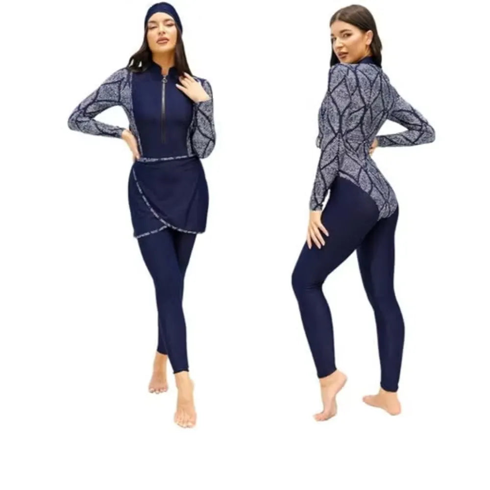 Muslim Women Modest Swimsuit Full Coverage Floral Print Three Piece Islamic Hijab Ladies Beachwear Swimming Swimwear | Ideal for All Surfaces, Kids & Adults | Match-Ready | Includes Pump & Needle