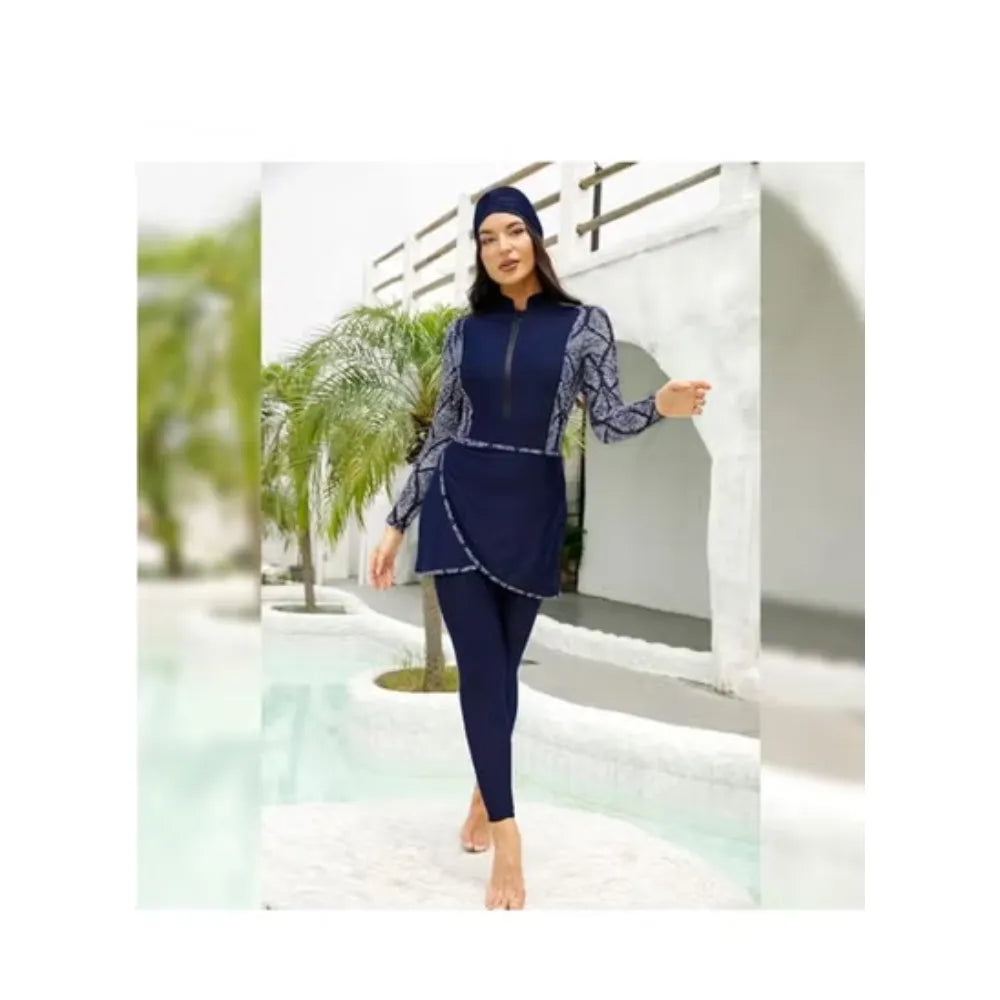 muslim women modest swimsuit full coverage floral print three piece islamic hijab ladies beachwear swimming swimwear | ideal for all surfaces, kids & adults | match-ready | includes pump & needle